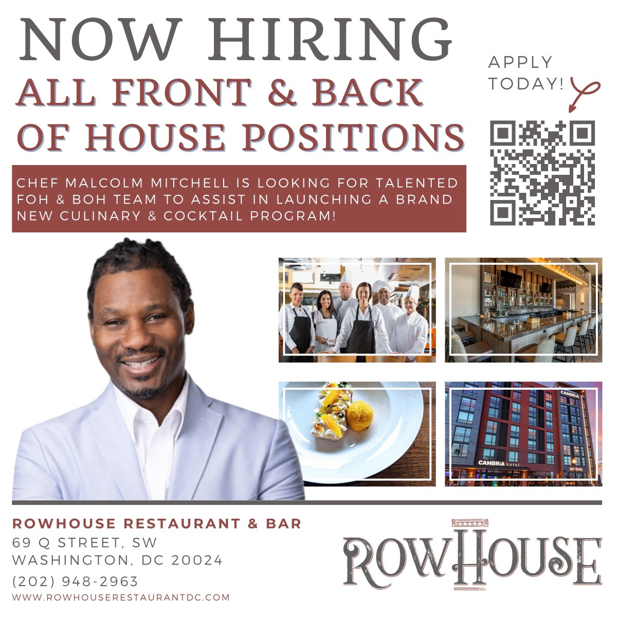 We are currently seeking to hire front-of-house (FOH) and back-of-house (BOH) staff for the RowHouse Restaurant & Bar located within our Cambria Capitol Riverfront Hotel in #WashingtonDC. #ApplyToday @ tinyurl.com/RowHouseFnB #HospitalityJobs #NowHiring #DMVjobs
