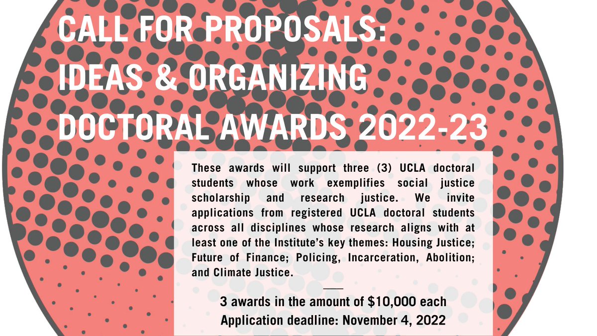Institute on Inequality & Democracy (@challengeineq) on Twitter photo #UCLA DOCTORAL STUDENTS🗣️<a href="/ChallengeIneq/">Institute on Inequality & Democracy</a> invites you to apply for the 2022-23 Ideas & Organizing Doctoral Awards. Those who've participated in shared research & organizing w/movement-based orgs are encouraged to apply. Learn more👇DEADLINE: Friday, Nov. 4>> challengeinequality.luskin.ucla.edu/research-and-a… #UCLA DOCTORAL STUDENTS🗣️<a href="/ChallengeIneq/">Institute on Inequality & Democracy</a> invites you to apply for the 2022-23 Ideas & Organizing Doctoral Awards. Those who've participated in shared research & organizing w/movement-based orgs are encouraged to apply. Learn more👇DEADLINE: Friday, Nov. 4>> challengeinequality.luskin.ucla.edu/research-and-a…