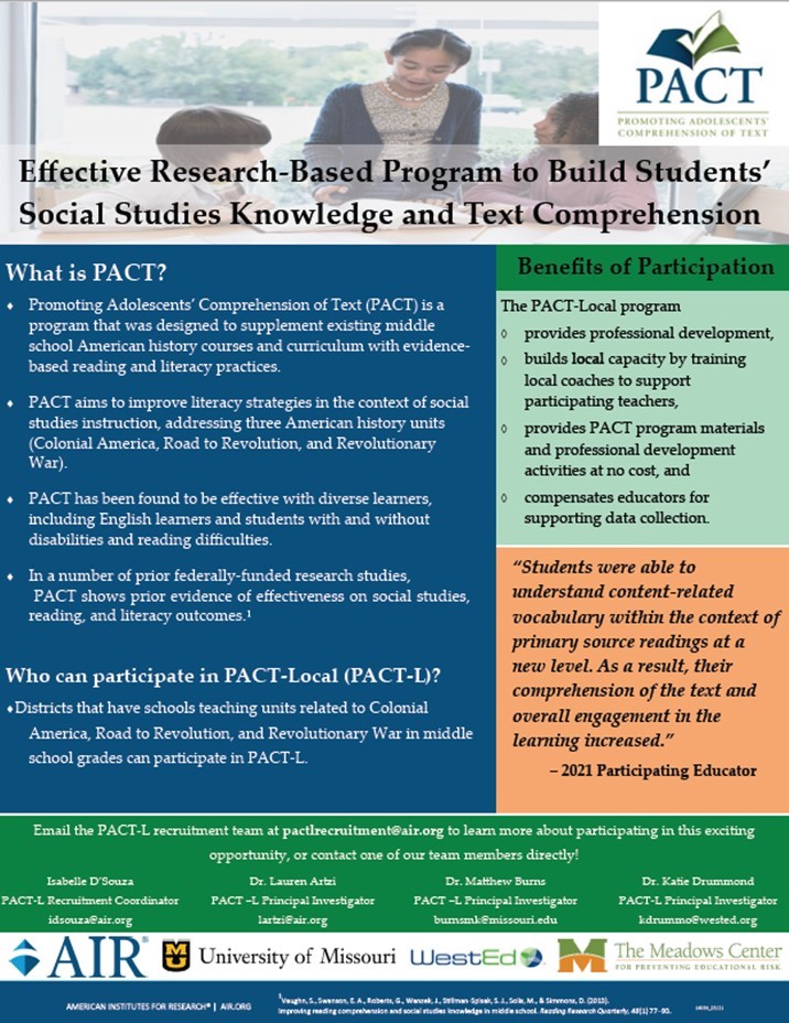 Matthew Burns (@burnsmk1) on Twitter photo 2022-10-25 18:35:06 Teach middle school students who struggle to read Social Studies content? PACT may help. We are recruiting for a study. Email pactlrecruitment@air.org for more info. @MCPER_EDU @Education_AIR @WestEd @MizzouEducation @ILAToday @ASCD @NCSSNetwork @UrbanEducation @NASSP @AMLE Teach middle school students who struggle to read Social Studies content? PACT may help. We are recruiting for a study. Email pactlrecruitment@air.org for more info. @MCPER_EDU @Education_AIR @WestEd @MizzouEducation @ILAToday @ASCD @NCSSNetwork @UrbanEducation @NASSP @AMLE