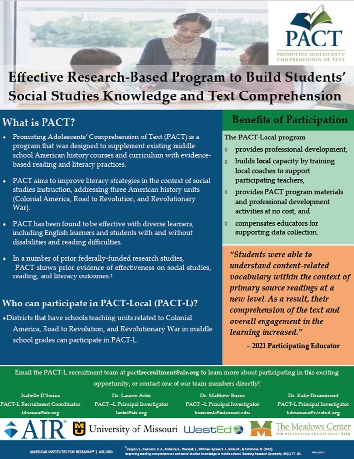 Teach middle school students who struggle to read Social Studies content? PACT may help. We are recruiting for a study. Email pactlrecruitment@air.org for more info. @MCPER_EDU @Education_AIR @WestEd @MizzouEducation @ILAToday @ASCD @NCSSNetwork @UrbanEducation @NASSP @AMLE