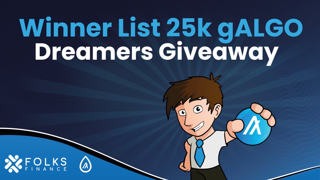 FolksFinance's tweet photo. ๐ We have the list of winners for the 25k $gALGO Dreamers Giveaway! ๐
Check this document to see if your wallet won an airdrop of 500 $gALGO. ๐ฐ
๐ https://t.co/ETWGtq1IaD
$ALGO #Algorand #DeFi #Gov5 https://t.co/fDpeexYU09