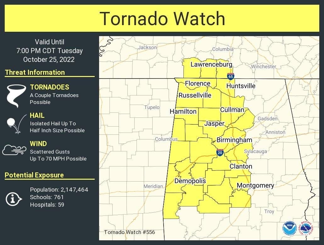Tornado watch issued for much of West  and Central Alabama until 7p CT.