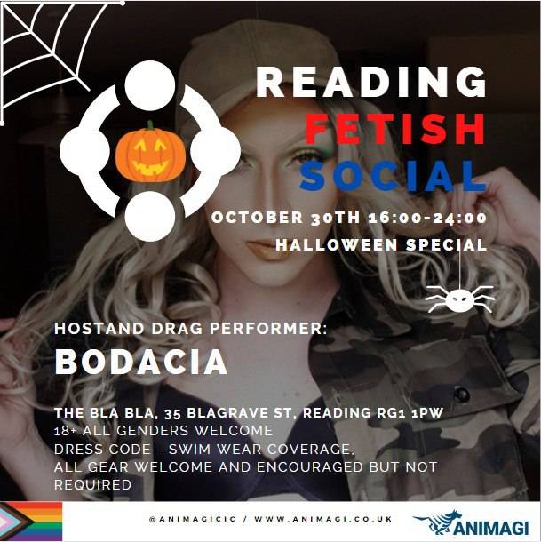 RdgFetishClub's tweet photo. The Reading Fetish Social is back this Sunday, on the 30th of October, from 4pm-12am at the Blagrave!

Be prepared for a spooky night full of fun, including a show by a variety of drag performers, a kinky Best Dress competition, a raffle with some prices and loads more! https://t.co/JL9a6l8tme