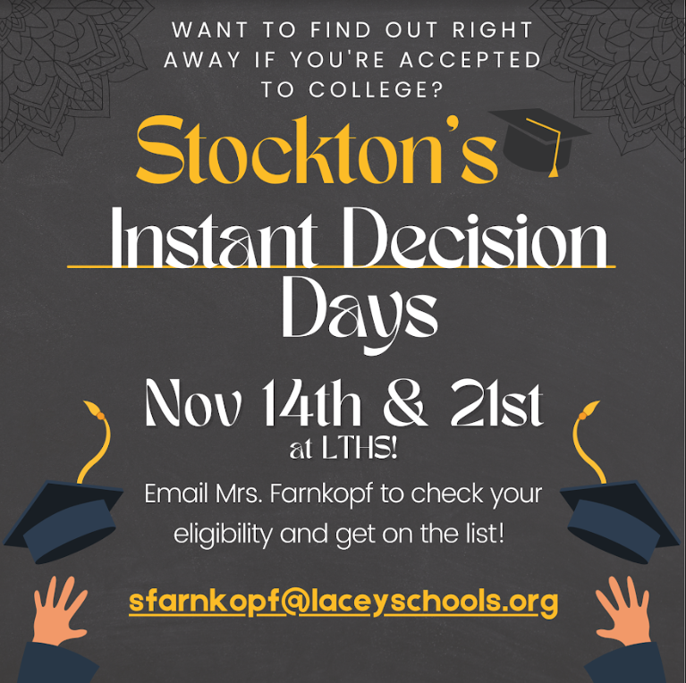LTHS Class of 2023: See attached flyer for the first in our series of Instant Decision Days! We are excited to partner with <a href="/Stockton_edu/">Stockton University</a> for this. Go Lions! @LTHSAngelo <a href="/LTHSfieldhockey/">LaceyFieldHockey</a> <a href="/PrincipalLTHS/">Mr. Jason King</a>