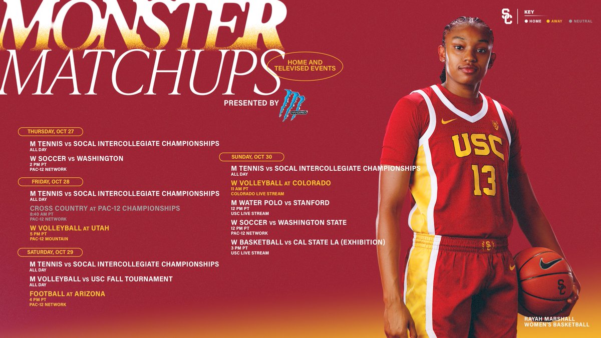 First look at @USCWBB, Pac-12 Championships for XC and more this week! Full 📆: usctrojans.com/calendar #MonsterHydro