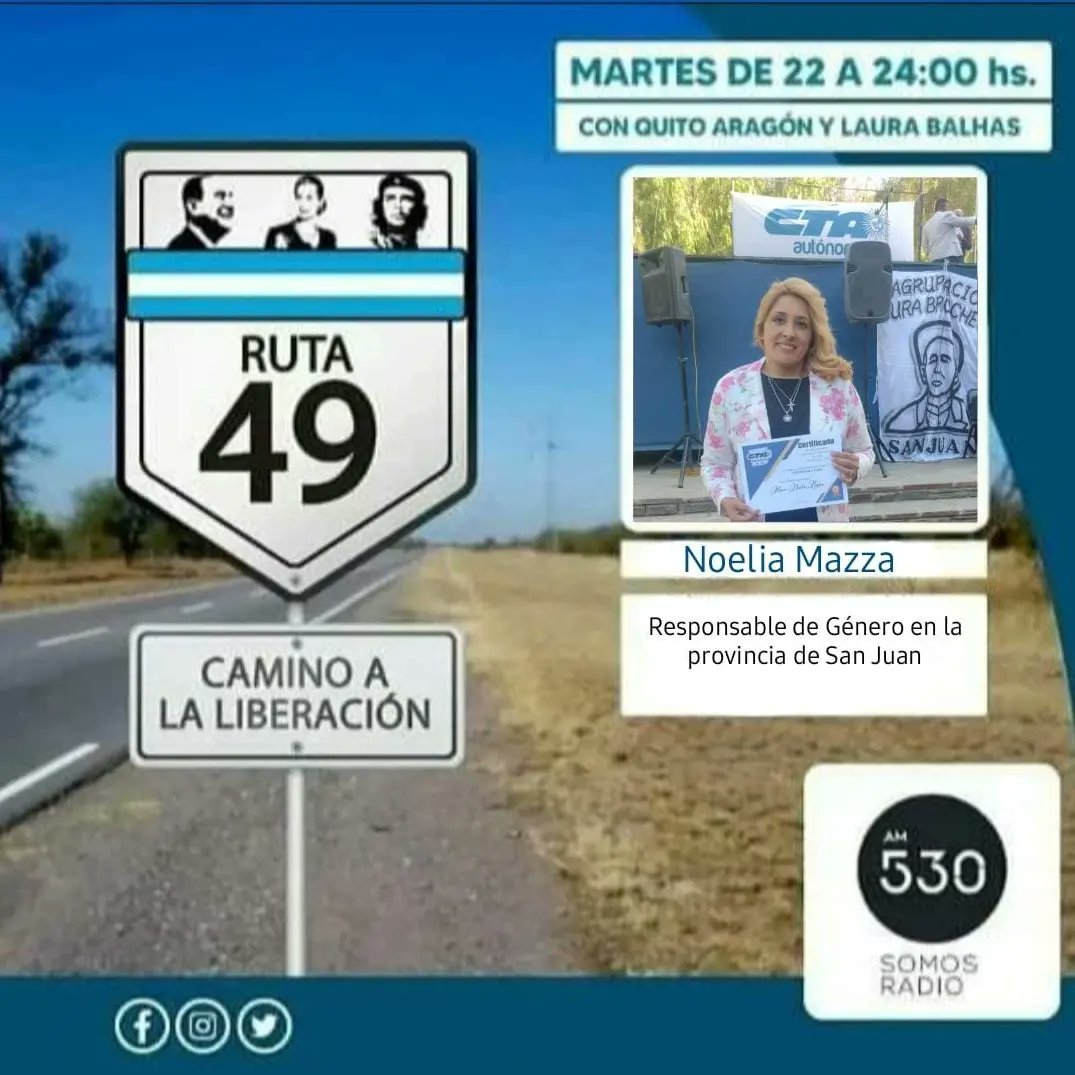 defierroradio's tweet photo. Ruta 49, El Camino de la Liberación 
🛣️4️⃣9️⃣ 
🎉 Subite a la Ruta de la Justicia Social 🎉

Conducen @quitoaragon y @LauraBalhas

Vamos a estar charlando con:
🎙️ Jorge "Topo" Devoto  
🎙️ @pablojriveros
🎙️ Noelia Mazza 
🎙️ Noelia Vallejos

¡De 22 a 24hs en @somosradioam530!
#Ruta49 https://t.co/jLbSWYxmzm