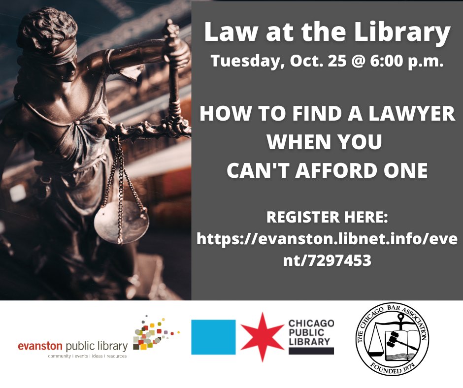 Join us tonight @ 6pm for a virtual session on finding a lawyer when you can't afford one featuring attorney Terra Gross from Attuned Legal. The Law at the Library session is free and open to the public. Register at evanston.libnet.info/event/7297453 @chipublib @evanstonpl