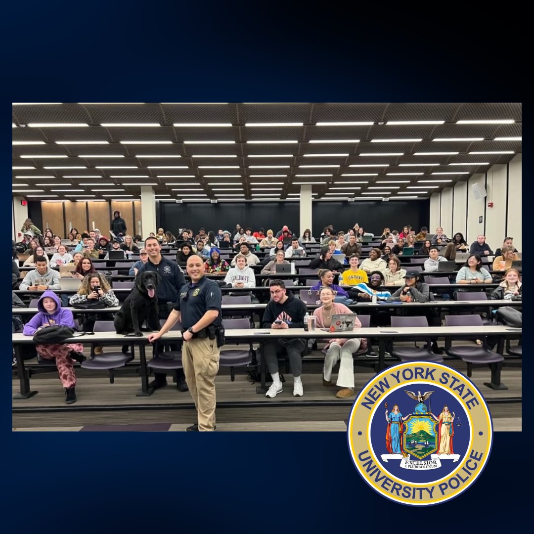 UAlbanyUPD's tweet photo. Thank you to Dr. Privott from @UAlbanyscj for inviting UPD to speak. #K9Boomer sat head of the class. @NYSUP_K9 @ualbany #updinthecommunity https://t.co/c8xouGpJCr