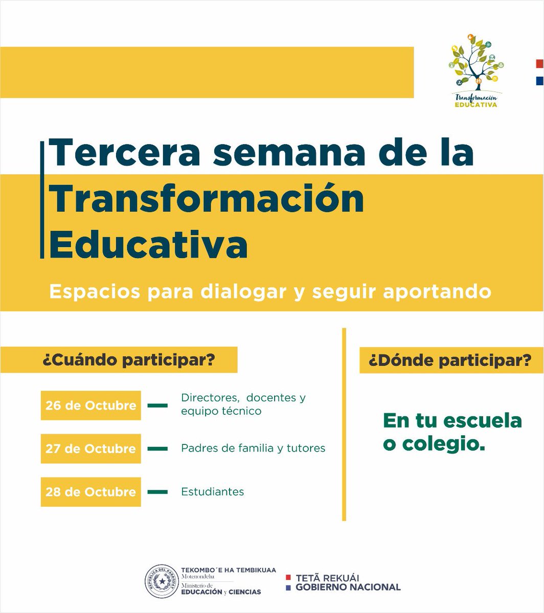 EduPy2030's tweet photo. 📢 En el marco del proceso de construcción del PNTE, habilitamos la Tercera Semana de la Transformación Educativa 🌱

💪🏻Con el fin de dar continuidad al proceso de debate y propuestas de todos los sectores, te invitamos a participar desde tu escuela o colegio. https://t.co/rlGGPKEDpk