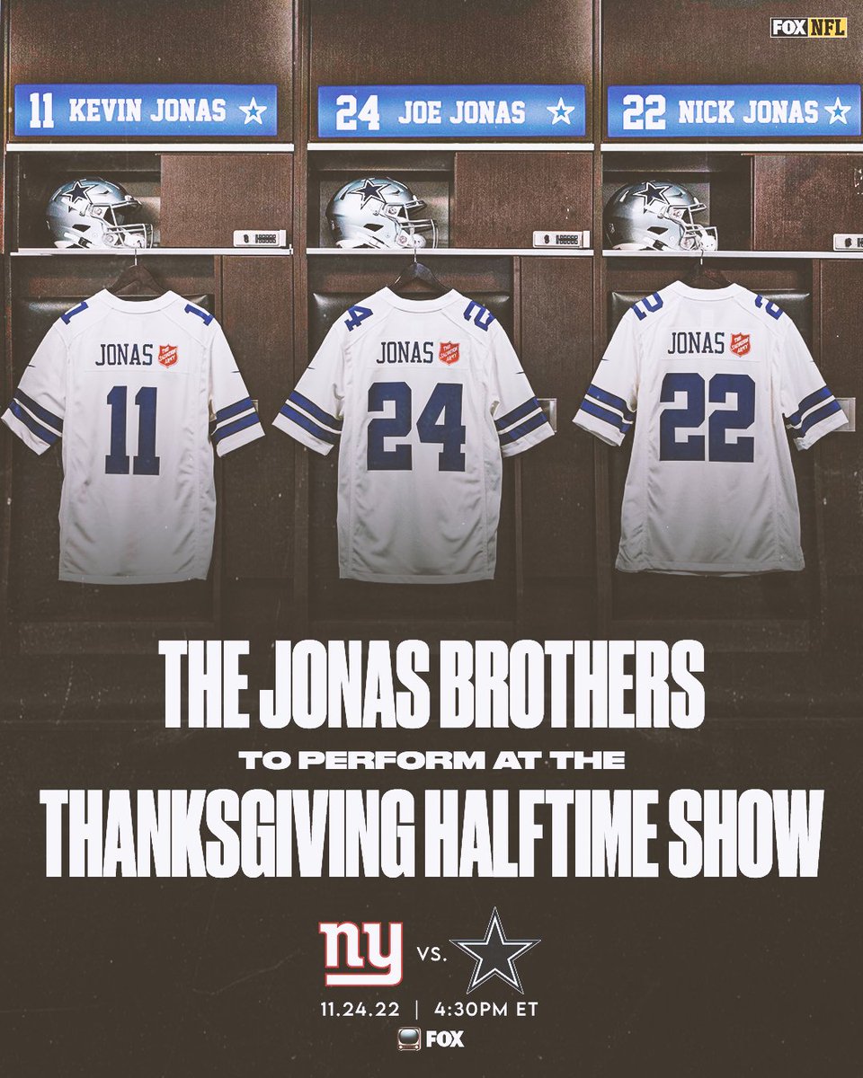 NFLonFOX's tweet photo. The JO BROS are back 🤩

The @jonasbrothers are performing the @SalvationArmyUS #RedKettleKickoff Halftime Show during the @dallascowboys game on Thanksgiving! 🎶

📺: FOX 11.24.22 | 4:30pm ET https://t.co/MKkZt4bitv