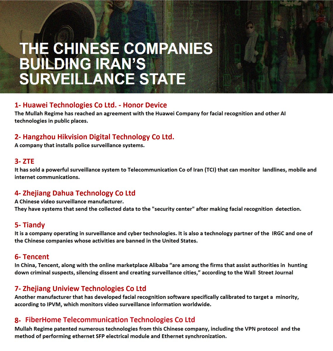 valkanestor's tweet photo. List of Chinese firms that are partners of the Mullah Regime and the IRGC in dissident surveillance, cybersecurity and internet technologies.  #OpIran #MahsaAmini #IranLeaks https://t.co/3RiLelTG2e