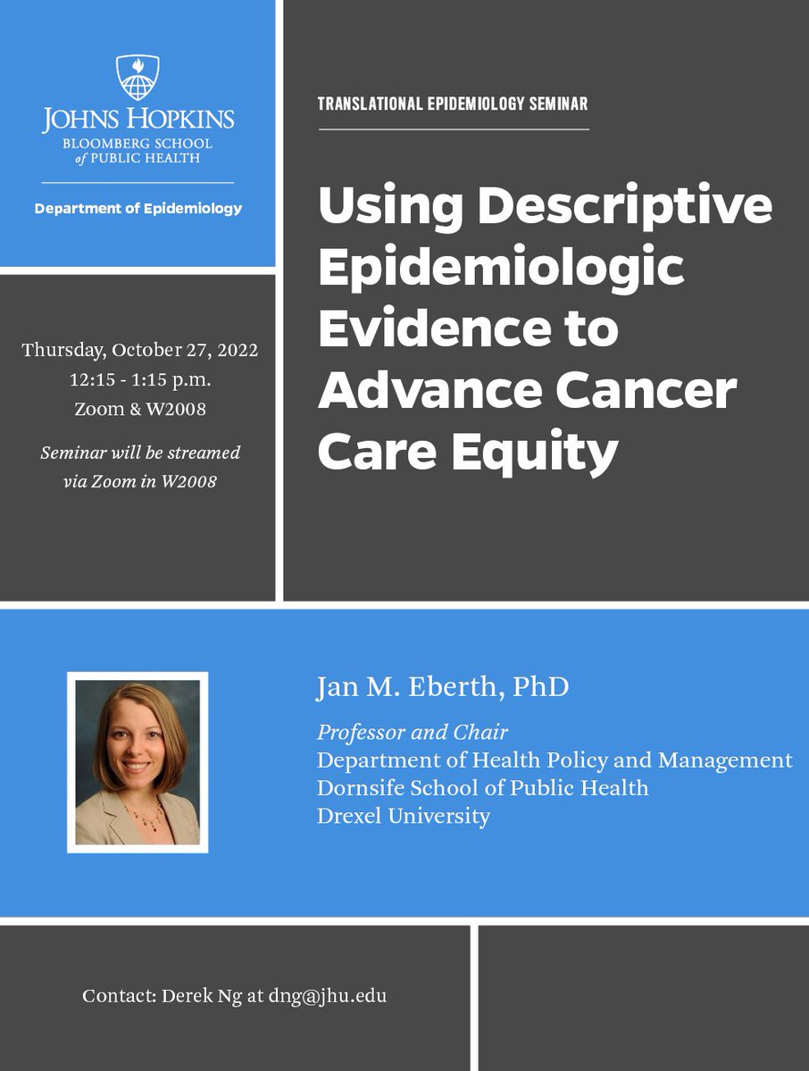 Derek K Ng (@ngderekk) on Twitter photo THURSDAY 10/27 AT 12:15PM!
Translational Epid Seminar Series welcomes
Dr. Jan Eberth @jmeberth
Using descriptive epidemiologic evidence to advance cancer care equity
Zoom 10/27 at 12:15pm ET.
JHSPH Stream W2008
DM me or <a href="/LauraCamarat/">Laura Cama</a> for link.
<a href="/JohnsHopkinsEPI/">Johns Hopkins Epidemiology</a> #epitwitter THURSDAY 10/27 AT 12:15PM!
Translational Epid Seminar Series welcomes
Dr. Jan Eberth @jmeberth
Using descriptive epidemiologic evidence to advance cancer care equity
Zoom 10/27 at 12:15pm ET.
JHSPH Stream W2008
DM me or <a href="/LauraCamarat/">Laura Cama</a> for link.
<a href="/JohnsHopkinsEPI/">Johns Hopkins Epidemiology</a> #epitwitter
