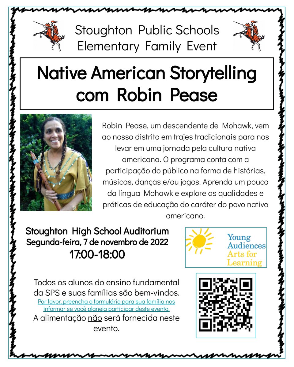 Save the date! The Stoughton Public Schools will be holding a Native American Storytelling event for SPS elementary students and their families on Monday, November 7, 2022 from 5-6pm at the Stoughton High auditorium.