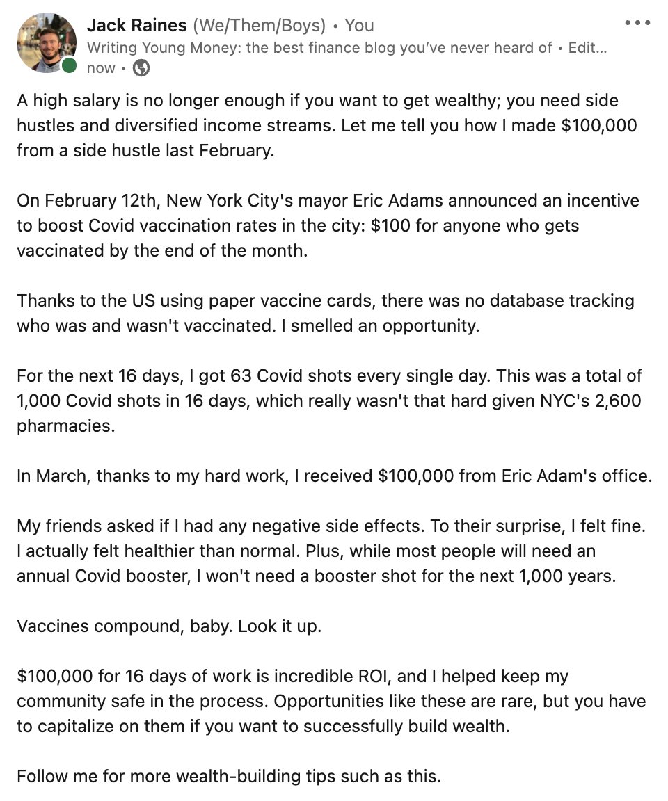 Sharing my most lucrative side hustle on Linkedin