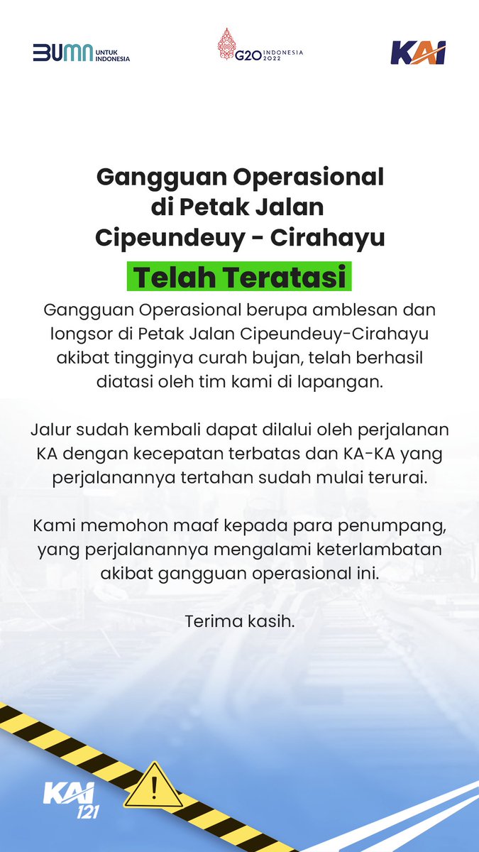 KAI121's tweet photo. Gangguan Operasional berupa amblesan &amp; longsor di Petak Cipeundeuy-Cirahayu akibat tingginya curah hujan, telah berhasil diatasi oleh tim kami di lapangan.

Jalur kembali dapat dilalui oleh KA dg kecepatan terbatas &amp; KA-KA yg perjalanannya tertahan sdh mulai terurai.

#KAIupdate https://t.co/xnPqU4sCzG