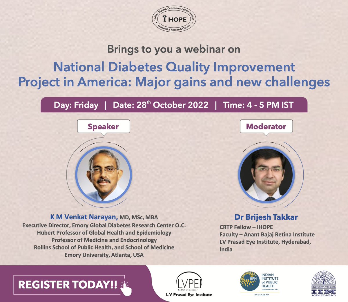 Tune in this Friday as EGDRC Co-director <a href="/kmvnarayan14/">K.M. Venkat Narayan</a>, MD discusses the progress and challenges of the National Diabetes Quality Improvement Project in American, hosted by <a href="/TeamIHOPE2020/">IHOPE</a>.

📅 Oct. 28, 2022
🕒 4-5PM IST
💻 Register: echo.zoom.us/meeting/regist……