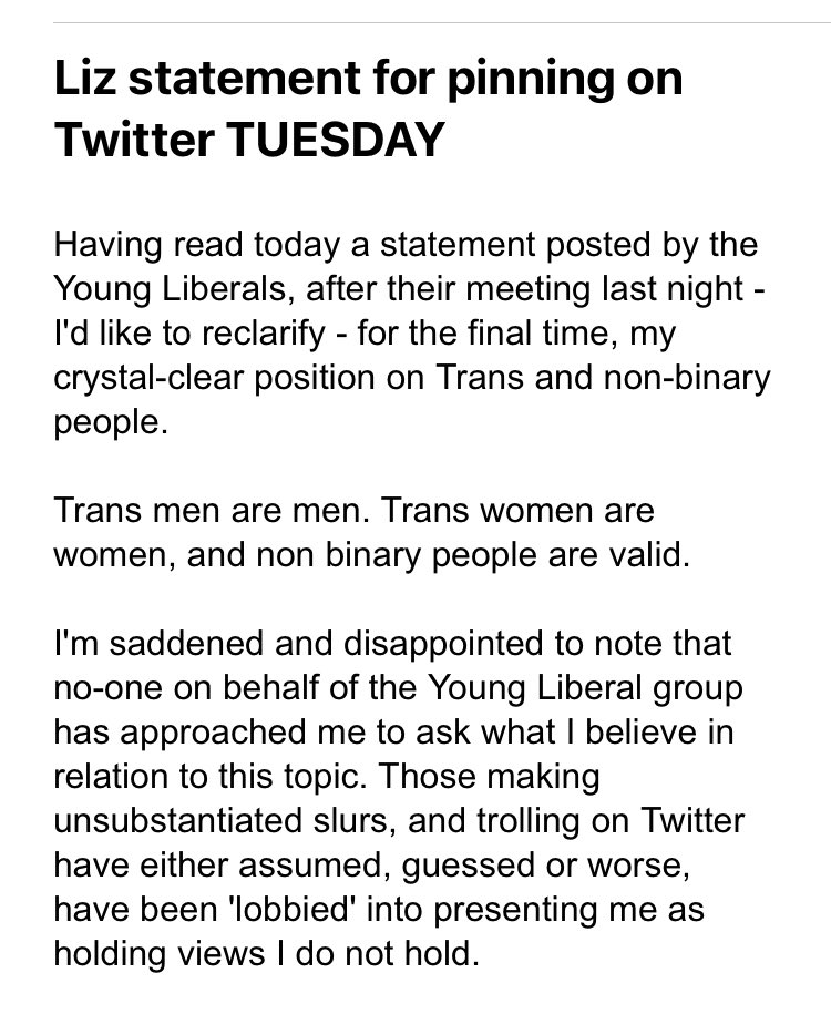 LizWebsterSBF's tweet photo. After last nightโs @YoungLiberalsUK meeting and their recently published material, I hereby re-clarify my already published views on trans rights. https://t.co/AdIGj1Zuqe