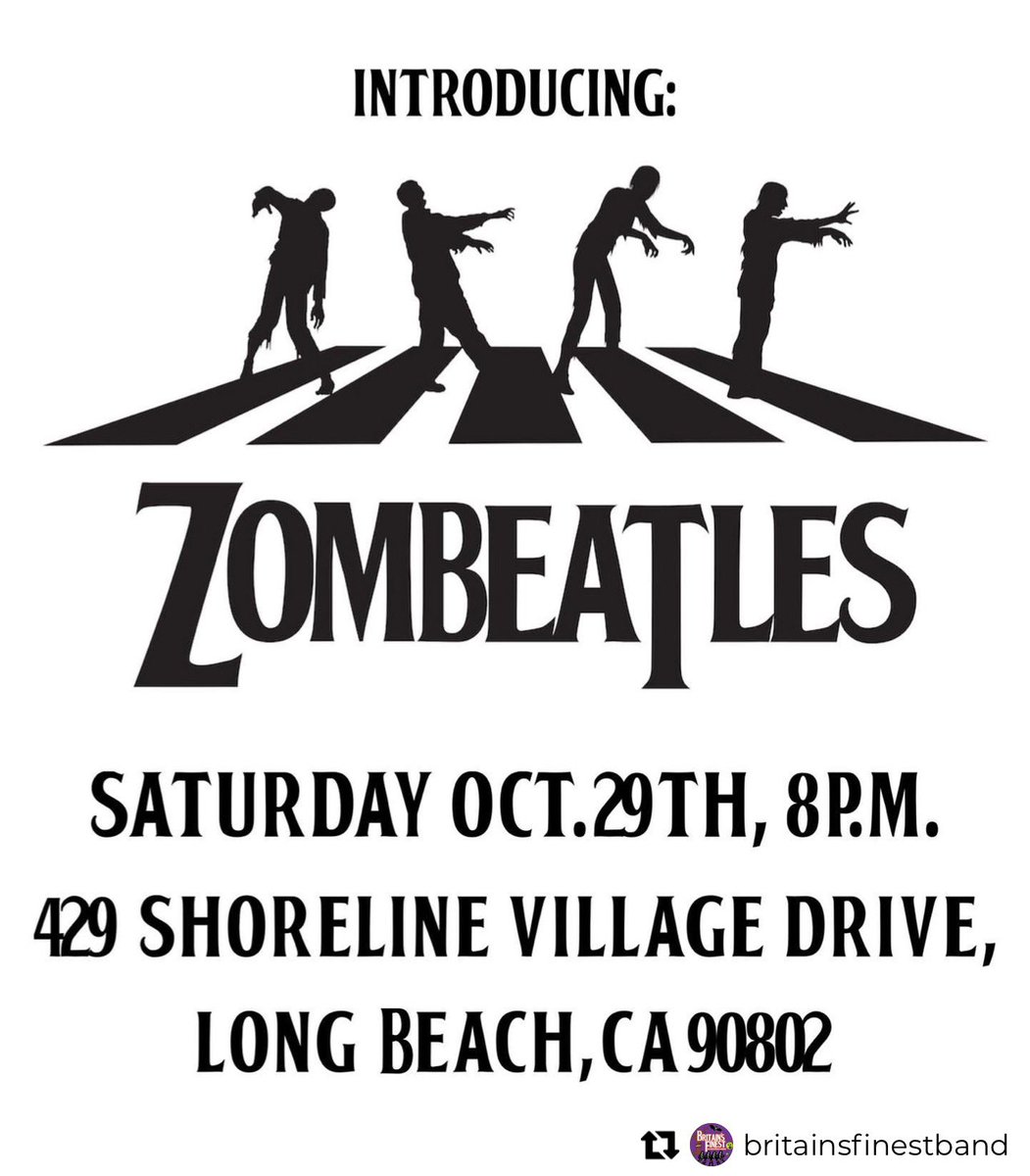 ZombieWalkLB's tweet photo. Catch ZOMBEATLES at Long Beach Zombie Walk at @ShorelineVillag this Saturday!  
🎃🧟‍♂️
Visit https://t.co/2KZP1jOH5c for details!  FREE community event! https://t.co/yYsgpPJkjP