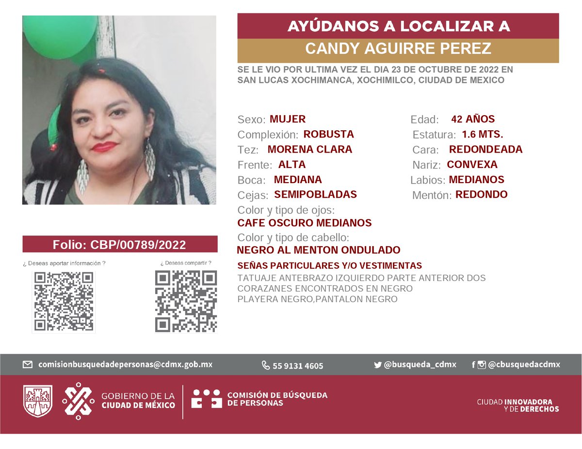 Ayúdanos a localizar a CANDY AGUIRRE PEREZ, quien desapareció el 23 de Octubre del 2022, en la Alcaldía #Xochimilco en la CDMX.
Cualquier información, contáctanos: 
☎️ 55 6357 8079
☎️ 55 6357 9282
#CiudadDeMéxico  #BúsquedaCDMX  #HastaEncontrarte
