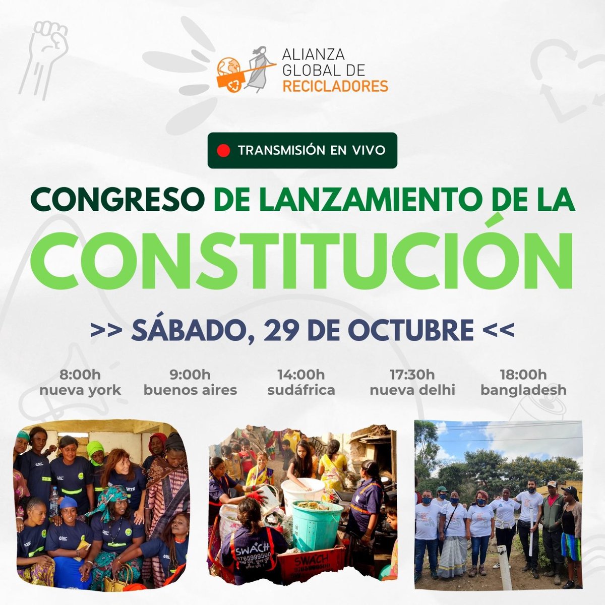 📢Ayúdanos a difundir 📢

📅 El 29 de octubre: Congreso de lanzamiento de la Constitución de <a href="/globalrec_org/">♻️ International Alliance of Waste Pickers</a>!

Unéte a este evento histórico para la población recicladora y escuche las voces del movimiento ♻️✊🏾. 

*Regístrese Aquí:*  ​​globalrec.org/zoom-constitut…