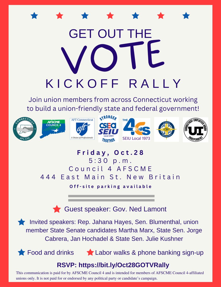 AFSCMECT4's tweet photo. Rally for #Election2022 candidates who will put #WorkingFamilies first secure better #LaborFuture ⬇
RSVP: https://t.co/45QPWbKKil https://t.co/oFFTqdzfE0