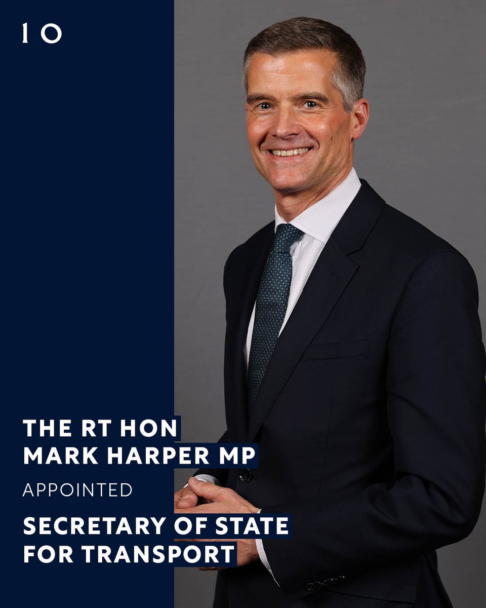 The Rt Hon Mark Harper MP @Mark_J_Harper has been appointed Secretary of State for Transport @TransportGovUK. #Reshuffle