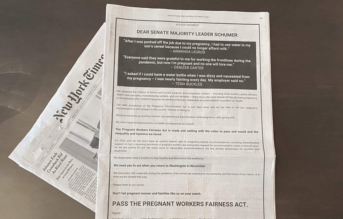 We're in solidarity with the working moms who published this letter urging @SenSchumer to pass the Pregnant Workers Fairness Act. No pregnant worker should be denied basic accommodations like a chair or glass of water. #ProtectPregnantWorkers