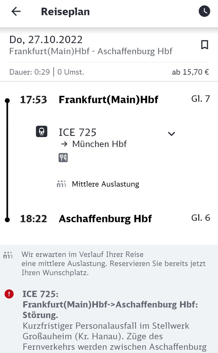 Kasvx's tweet photo. @DB_Bahn DB Navigator sagt für alle ICE bis 27.10. Umleitung zwischen Aschaffenburg und Frankfurt wegen kurzfristigem Personalausfall im Stellwerk Großauheim. Sollte das nicht nur für heute Nacht gelten? https://t.co/zR89eV97AM