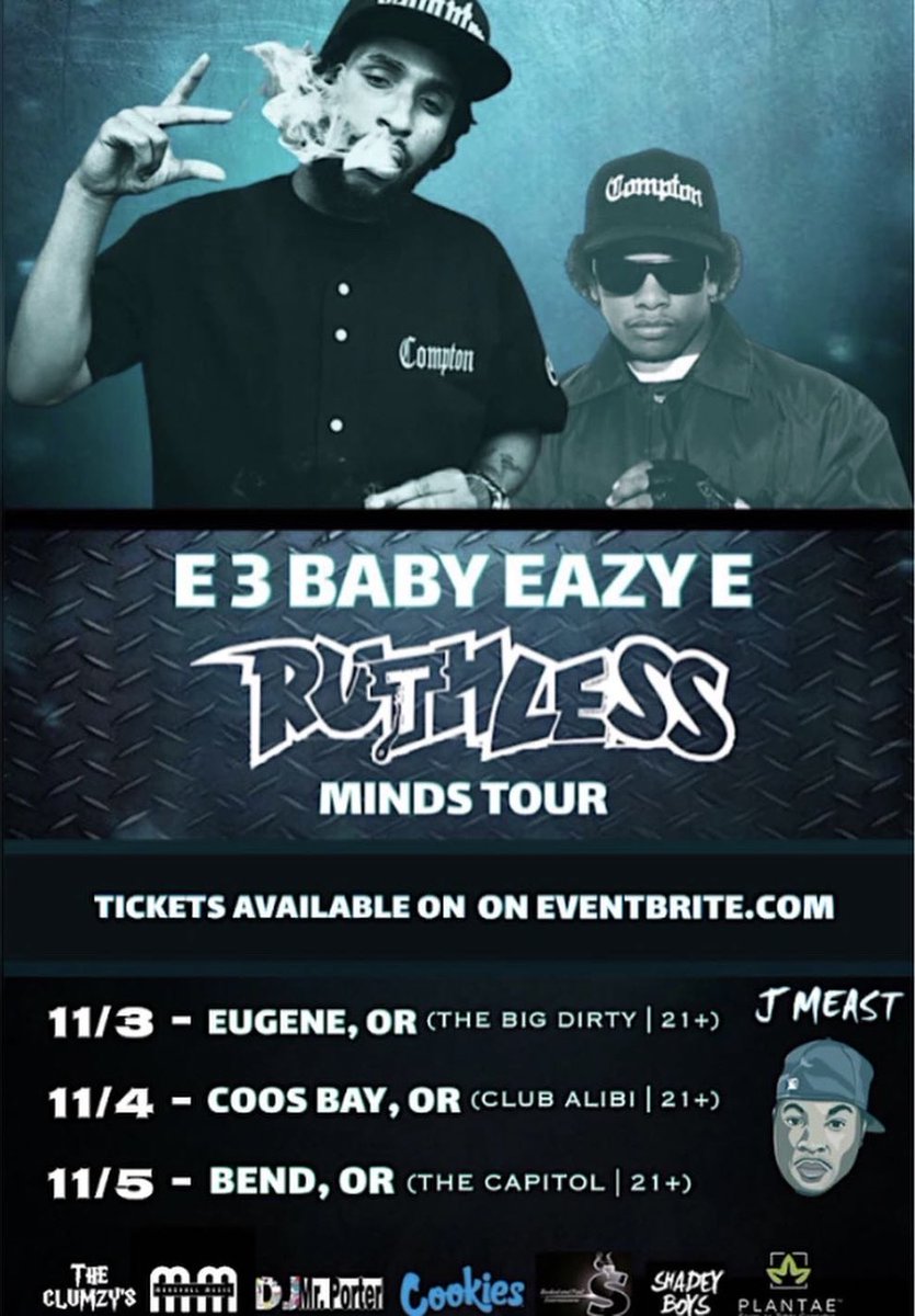 BlackFinnGypsy's tweet photo. Check out #Ruthless Minds #Tour #November 3,4&5 #featuring #E3 @BabyEazyE #instagram babyeazyecpt with #JMeast #Great #Artists๐ฅ๐ง๐ฅCatch their #Shows in #Eugene #CoosBay & #Bend #Oregon #Tickets & #info at https://t.co/CA9A3q8pAx ๐ #Rp in #Support https://t.co/C7miluGPxZ