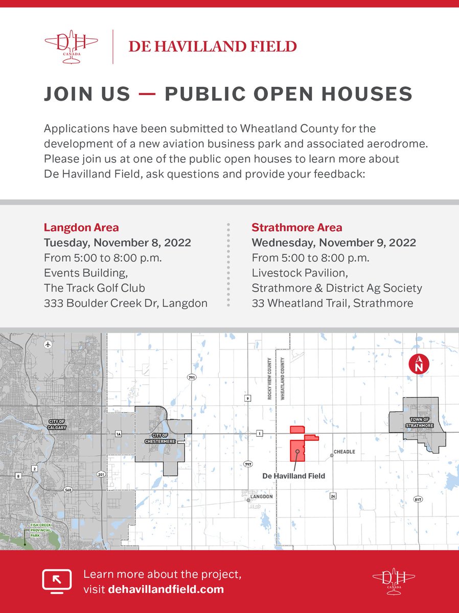 DHCField's tweet image. Join us at one of the public open houses to learn more about De Havilland Field, ask questions and provide feedback. Details below and at dehavillandfield.com. 

#DHCField #Engagement