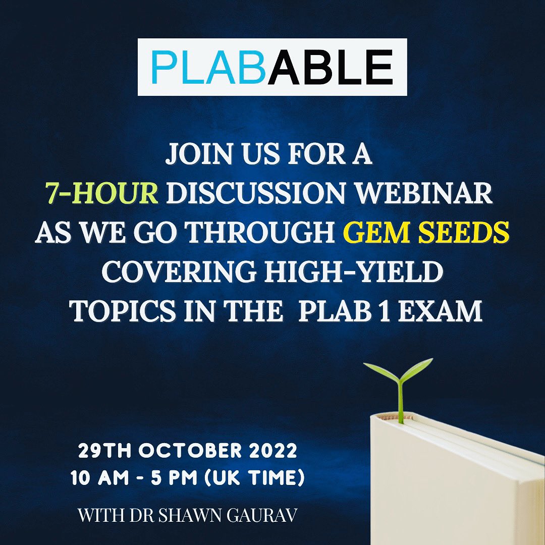 plabable's tweet photo. https://t.co/2xgZn6otHi Join Dr Gaurav on a discussion webinar, taking you through high yield topics in our SEEDS Gem, essential to the PLAB 1 exam! #plab1 #passplab https://t.co/KOkfNCxZTL