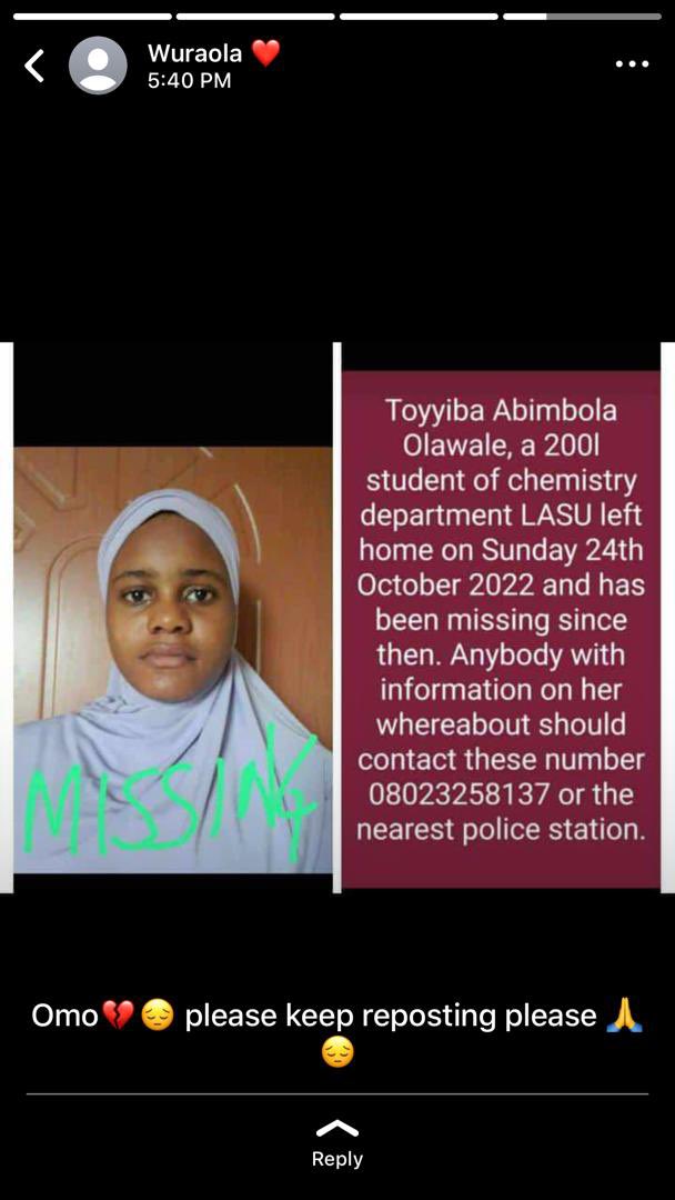 She is missing, she left the house and never return back since then. Anyone with vital information should kindly call the number in the writeup below or report to the nearest police station. Please keep retweeting let’s help find her.