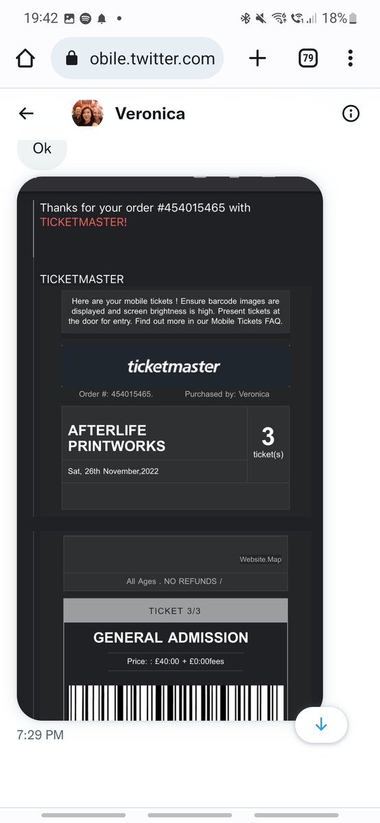 HarrySmithHJS's tweet photo. @ioanwebb Also don't attempt to use @Veronica88290, she will scam you. Tried to show me a clearly fake purcahse confirmation email from the wrong ticket provider. Only kaboodle sells printworks tickets #printworks #AfterLife https://t.co/KKyBfG7gjo
