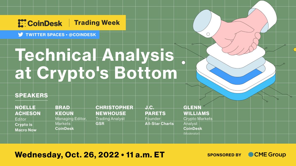 CoinDesk's tweet photo. How well does technical analysis work?
 
Join @noelleinmadrid, @Liqquidity, @CryptoDeFiGuy, @allstarcharts and @GWilliamsJr_CMT as they weigh the pros and cons of TA in today’s climate for #TradingWeek, sponsored by @CMEGroup.
 
Set your reminder: https://t.co/9j9AblnSVI https://t.co/R3WxSChR1l