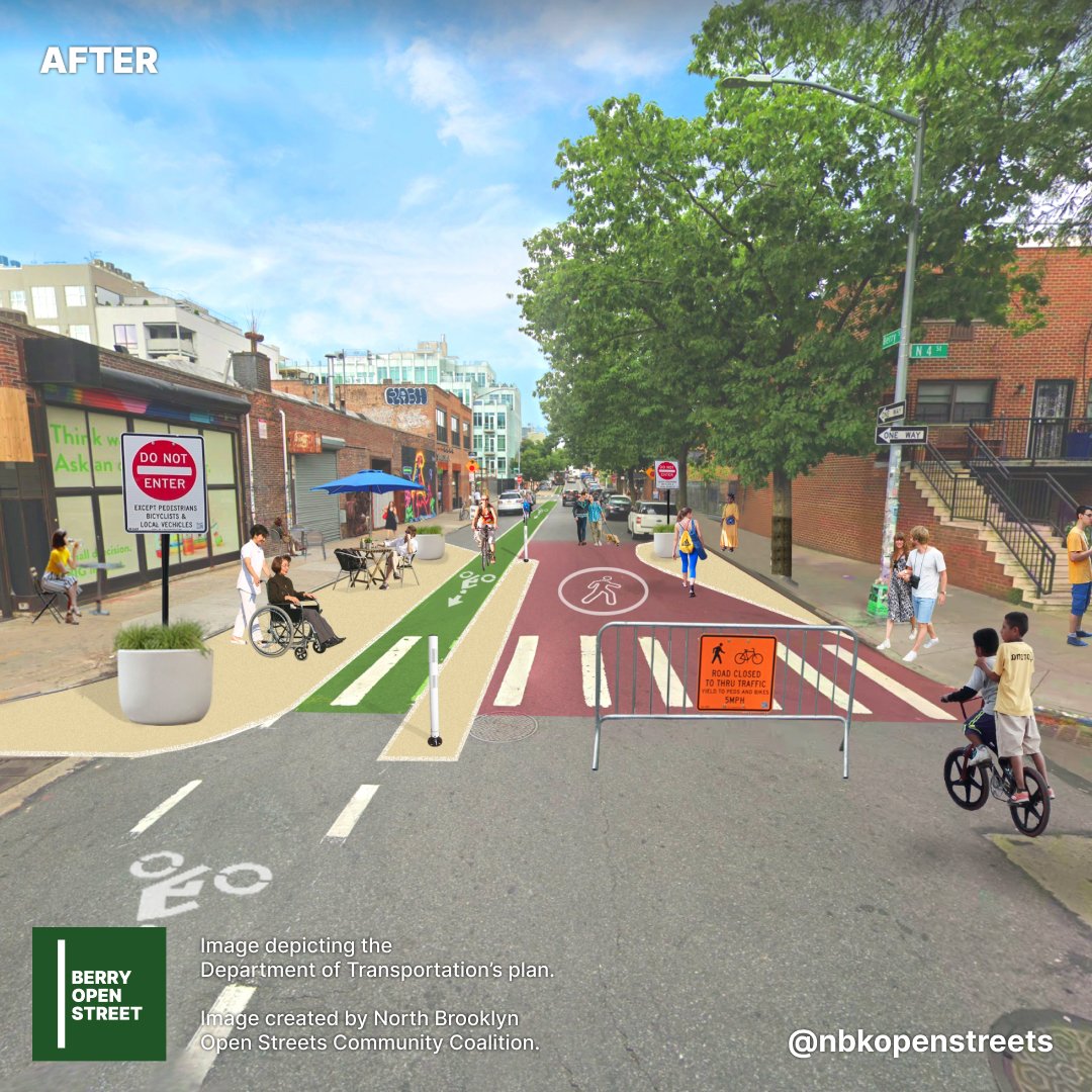 nbkopenstreets's tweet photo. This image depicts current @nyc_dot safety upgrades planned for #BerryOpenStreet. Your petition signature is needed to help realize this plan as early as Spring 2023. Sign here: https://t.co/8yazupYMaV https://t.co/Ngy6eW9z0i