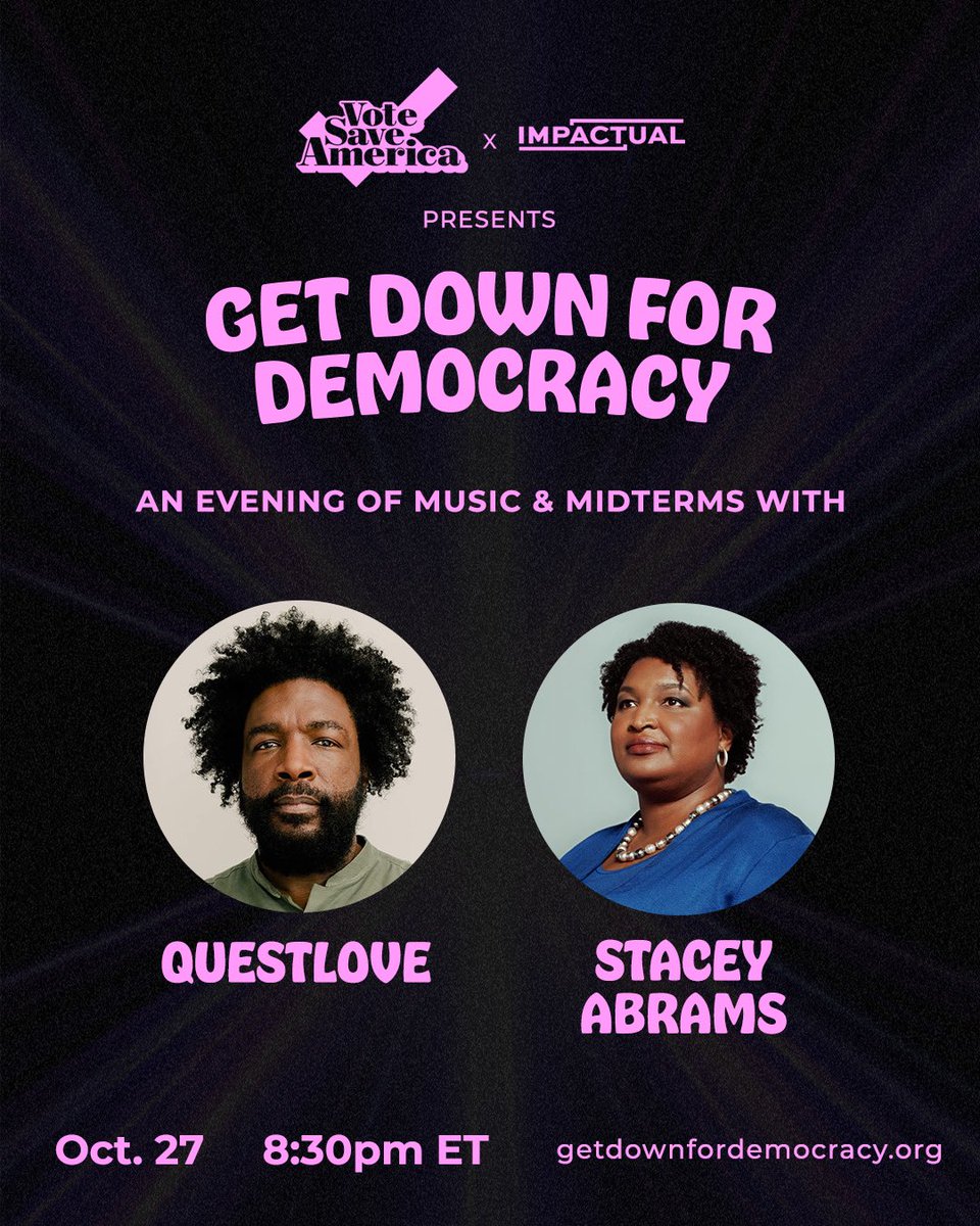 Join me and @questlove Thursday night to #GetDownforDemocracy. We’re throwing a live virtual event with music, midterm updates, and lots of special guests, including @staceyabrams. Sign Up, Get Down, Get Out (the vote) at getdownfordemocracy.org.