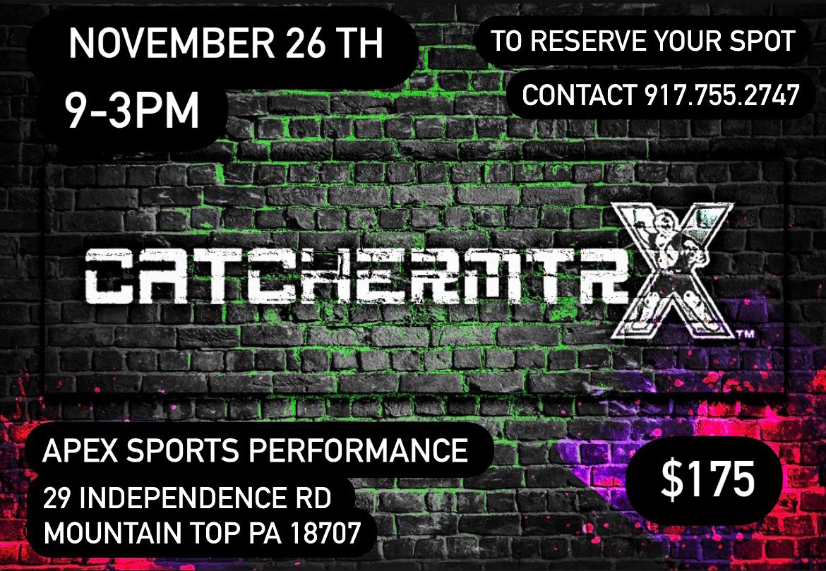 Apex Sports Performance (@apexsportspa) on Twitter photo Calling ALL catchers!
Catchermtrx will be in the house Saturday, November 26th from 9-3 for a high energy catching camp!
💲175 per player
Limited space so register to confirm your spot!
<a href="/AthelitePD/">Athelite Player Dev.</a>
#reachyourpeak #Catchermtrx #CatchermtrxPA
apexsportsperformance.leagueapps.com/camps/3509895-… Calling ALL catchers!
Catchermtrx will be in the house Saturday, November 26th from 9-3 for a high energy catching camp!
💲175 per player
Limited space so register to confirm your spot!
<a href="/AthelitePD/">Athelite Player Dev.</a>
#reachyourpeak #Catchermtrx #CatchermtrxPA
apexsportsperformance.leagueapps.com/camps/3509895-…