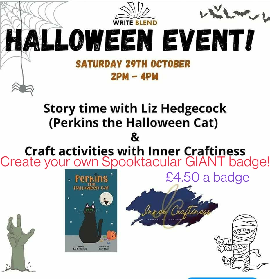 InnerCraftiness's tweet photo. This Saturday! Storytime with @lizhedgecock from her book Perkins the Halloween Cat, and Spooktacular GIANT badge making with me in  @WriteBlendbooks bookshop Waterloo 👻🎃🐈‍⬛

#Halloween #storytelling #crafting #book https://t.co/KhTPzZuflN