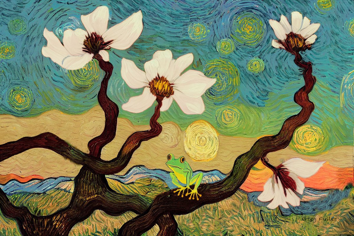 Here's my fifth work in the post-impressionist series.

During critiques, may UAB painting instructor would say “I assume everything I see is intentional. Either you put it there on purpose or left it there on purpose.” I left the frog there on purpose but with some doubt.