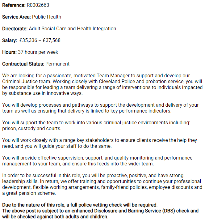 Team Manager - Substance Misuse Public Health South Tees (hosted by Middlesbrough Council) Middlesbrough £35,336 – £37,568 Closes 08/11 ce0197li.webitrent.com/ce0197li_webre…