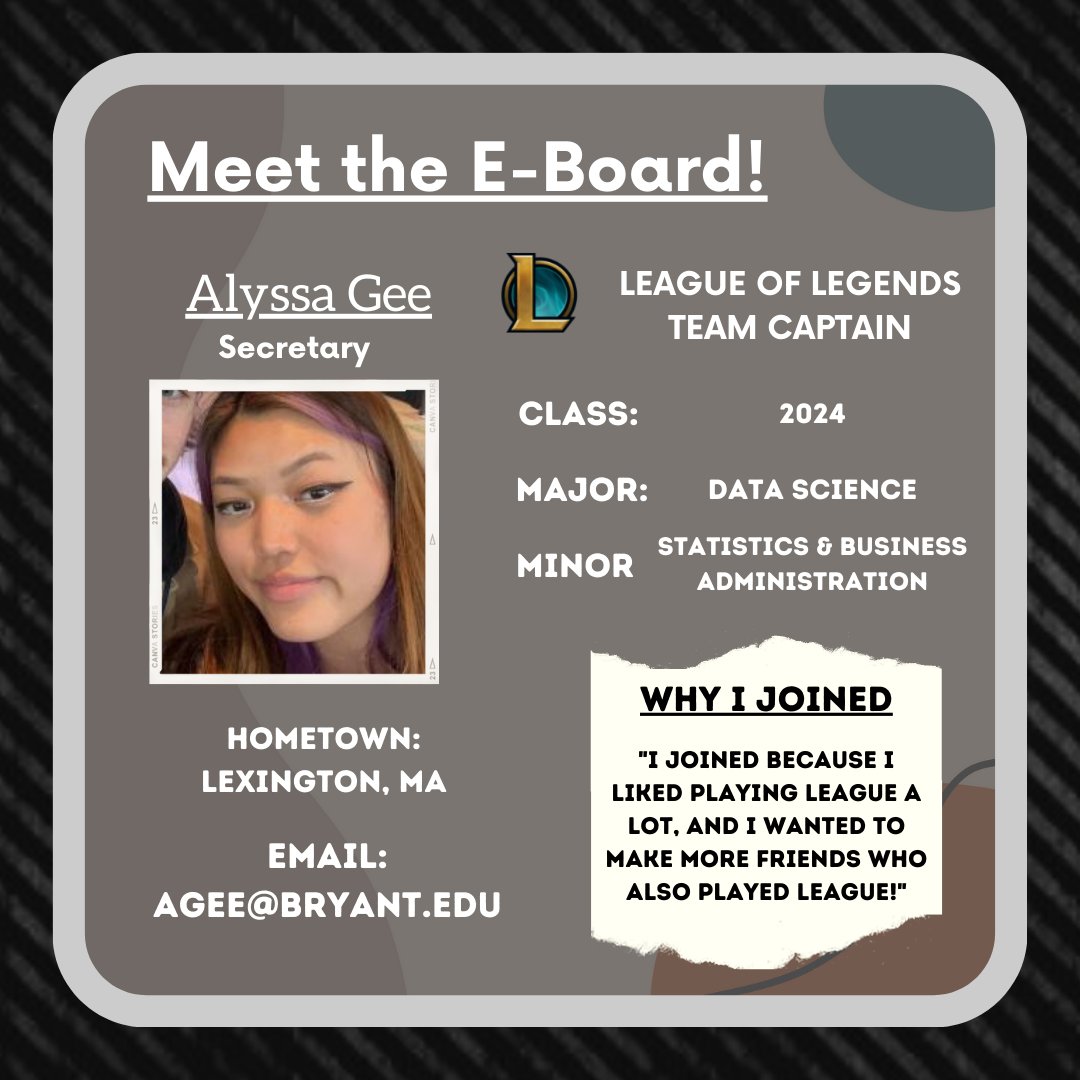 ✨E-Board Highlight Week 4 ‼️ 
Alyssa Gee is our club Secretary &amp; the Captain of the League of Legends team. Feel free to reach out to her if you have any questions about the club or the League team!