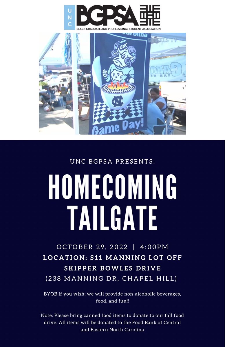 Join us THIS SATURDAY <a href="/4pm/">4pm</a> for our UNC Homecoming Tailgate ‼️ Come out to eat, drink and cheer on our UNC Tarheels! 

*Feel free to bring canned food items to donate to our fall food drive! 

#Tailgate #UNC #BGPSA