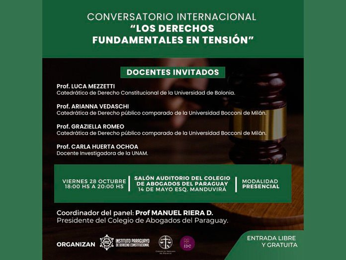 ABOGADOS AGENDAR ⚖📅🕙✍ | Juristas de Italia, México y Paraguay expondrán sobre “Los Derechos Fundamentales en tensión” <a href="/ipdcpy/">Instituto Paraguayo de Derecho Constitucional</a> <a href="/CAP_py/">Colegio de Abogados del Paraguay</a> 

Más detalles en 👉🤳 bit.ly/3TV0tD6

#derechosfundamentales #APrioriPY #Apriori