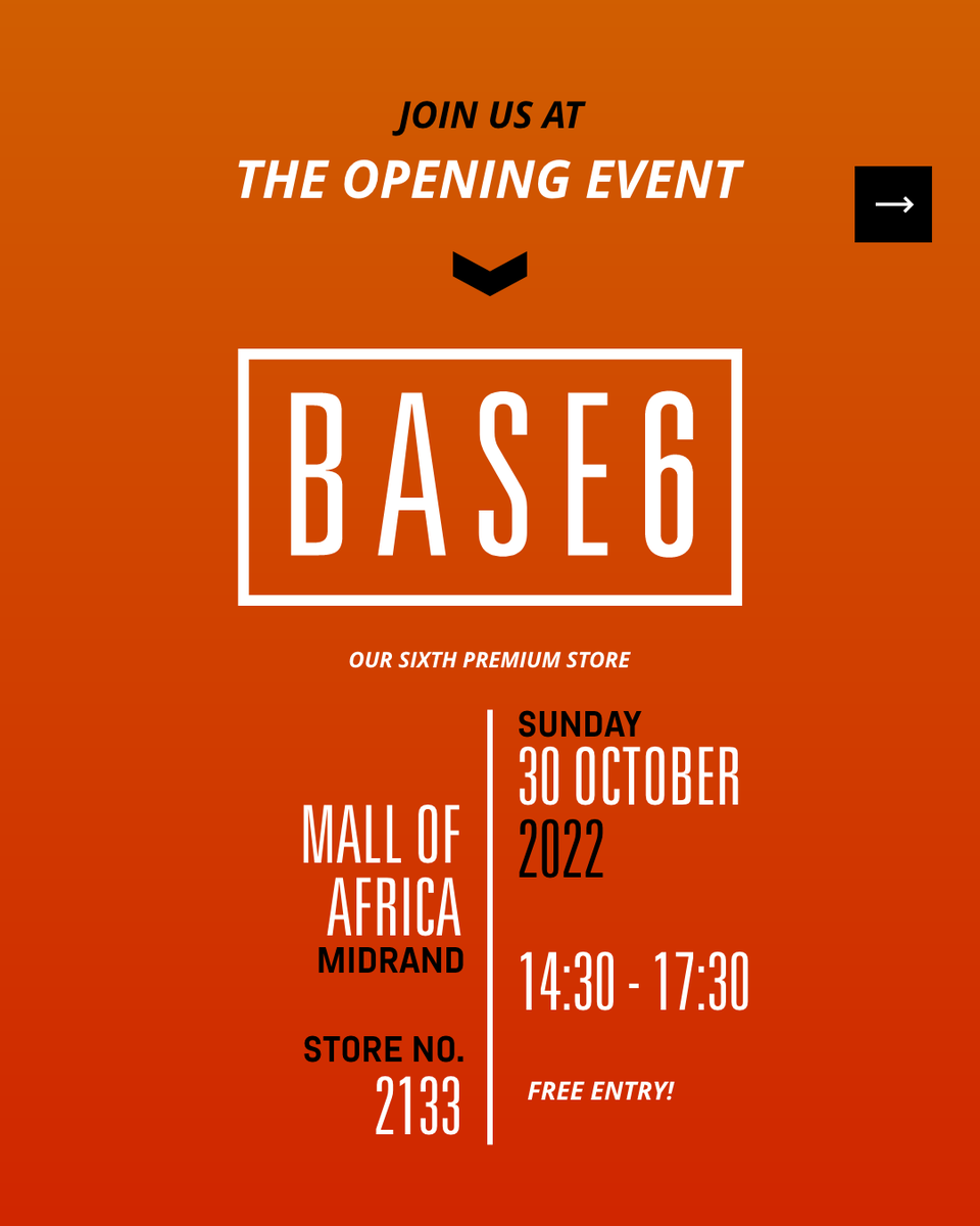 S_P_C_C_'s tweet photo. Joburg, it’s your time! 🏆 Join us at the opening event of BASE6 on Sunday, 30 Oct in Mall of Africa from 14:30-!7:30. With live DJ set by Vanco & Evida 🎧 It’s going to be EPIC. See you there! Salute!
•
#strongerasacollective #spcc #BASE6 https://t.co/UzfE59qo0m