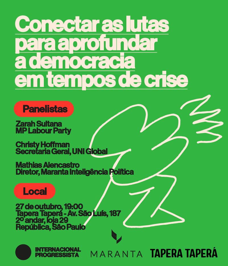 Bom dia! Quinta-feira, 27 de outubro, São Paulo. Junte-se à delegação de @ProgIntl a Brasil - incluindo @ZarahSultana e @CHoffmanUNI - para um evento especial na Tapera Tapera, apresentado por @mat_alencastro.