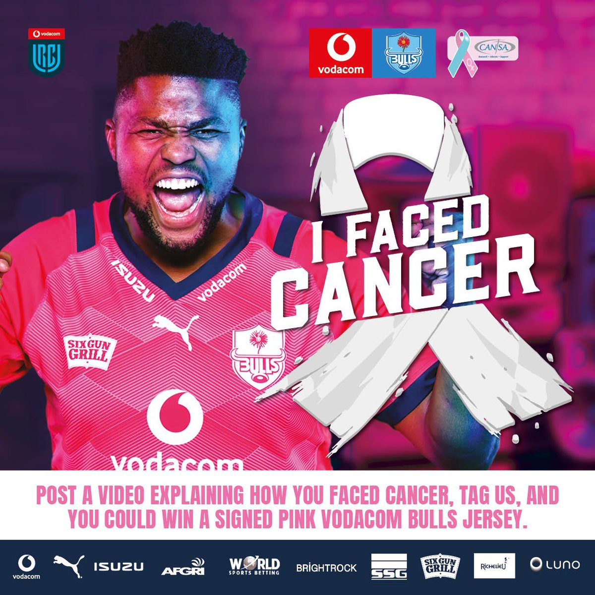 Share a video explaining how you FACED Cancer and tag us. You could win a signed pink Vodacom Bulls jersey and 4 tickets to Pink Day this Sunday 🔥

We will include your story in our “I faced Cancer” video 💪

#GetYourPinkOn 

<a href="/Vodacom/">Vodacom</a> #URC