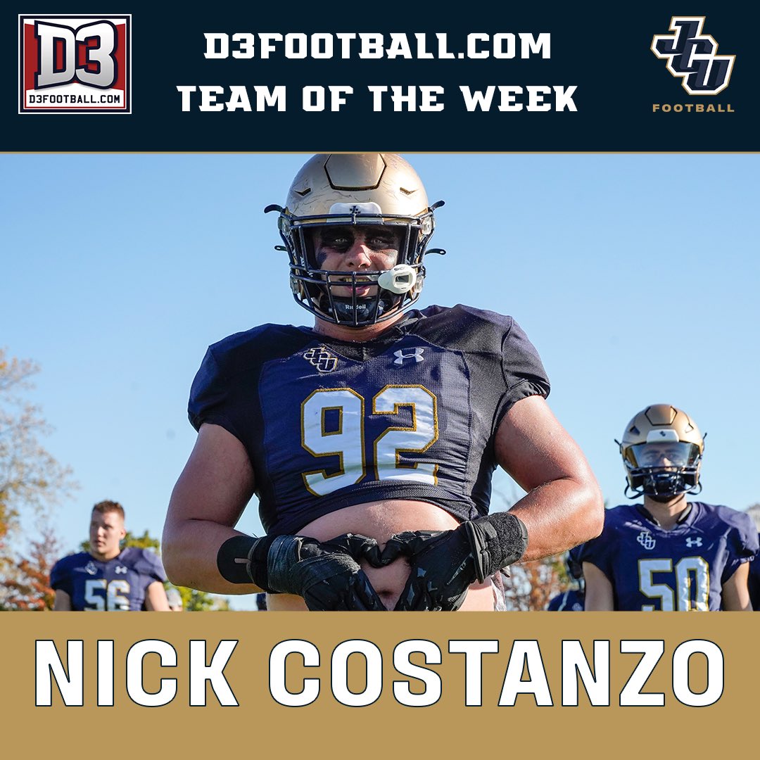 jcusports's tweet photo. The Cheeseburger Bandit has made the @d3football Team of the Week!

Nick Costanzo tallied 9 tackles, 4 TFL, and 2.5 sacks! 

📰 https://t.co/zmRKIfmAyW
#GoStreaks ⚡️ @JCUFootball https://t.co/j3ZUOs0xJg