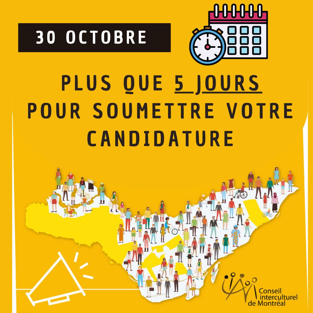 Il ne vous reste plus que 5 jours pour soumettre votre candidature en tant que membre bénévole du Conseil interculturel de Montréal.
💡Pour en savoir plus : bit.ly/3ADv5kC