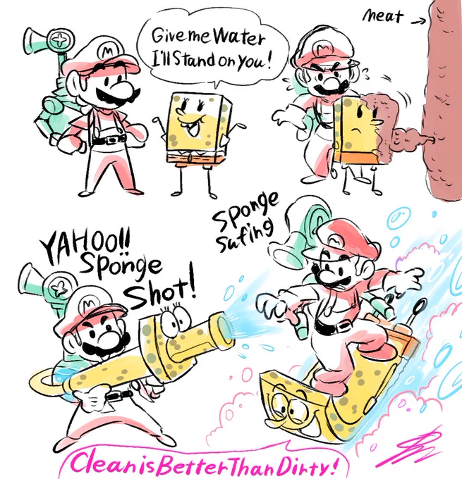 Mario Sunshine 2(headcanon doodles)This sponge should be able to handle water better and extend more functionality.Clean is Better Than Dirty!! 