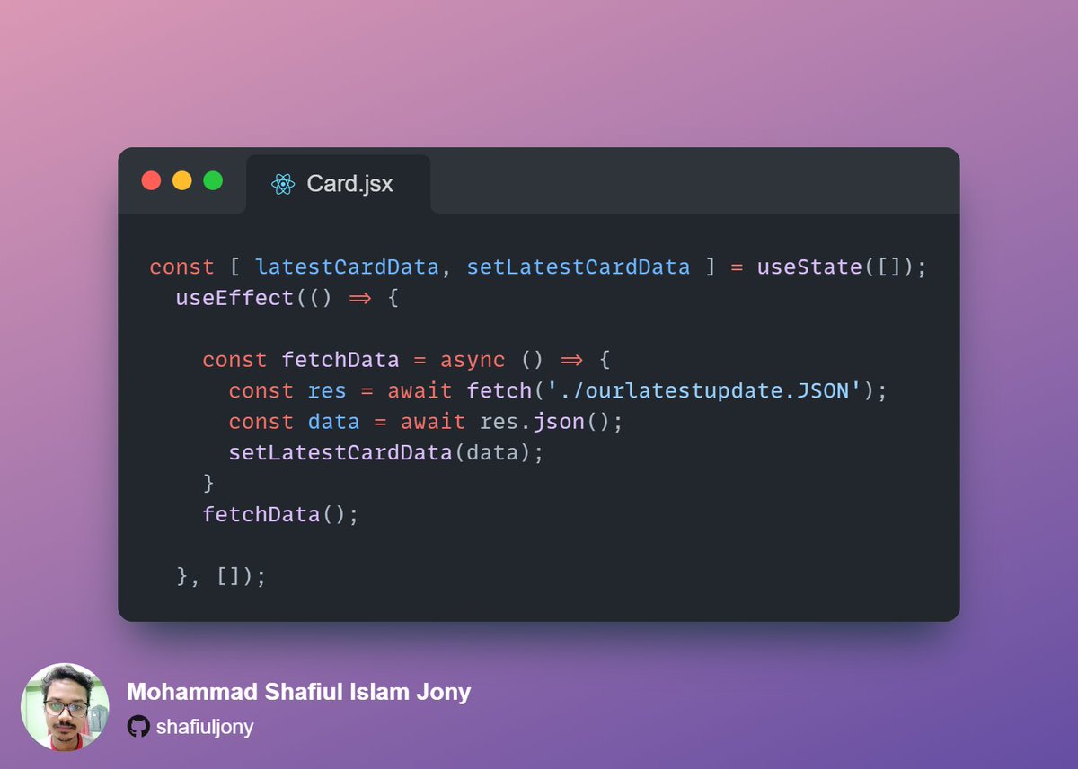 shafiul_islam12's tweet image. Fetch local JSON file from public folder in ReactJS and manage state

#ReactJS 
#codesnap
#fetchdata